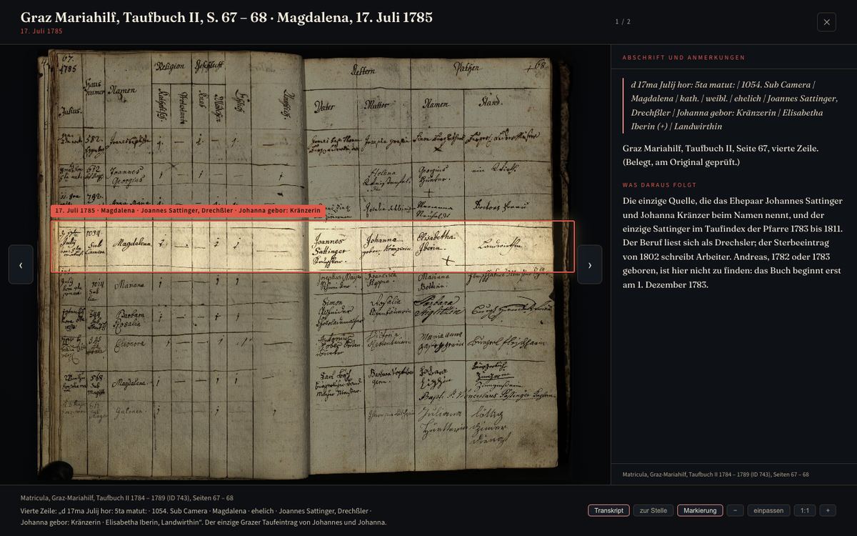 The whole page of the baptism register with the entry marked and its transcription