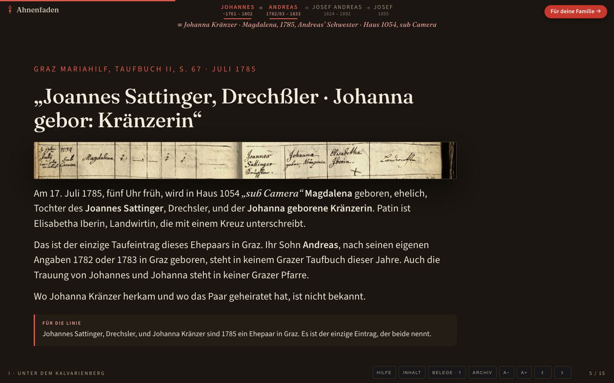 Slide with the baptism entry of 1785 and the text on what it says about the family