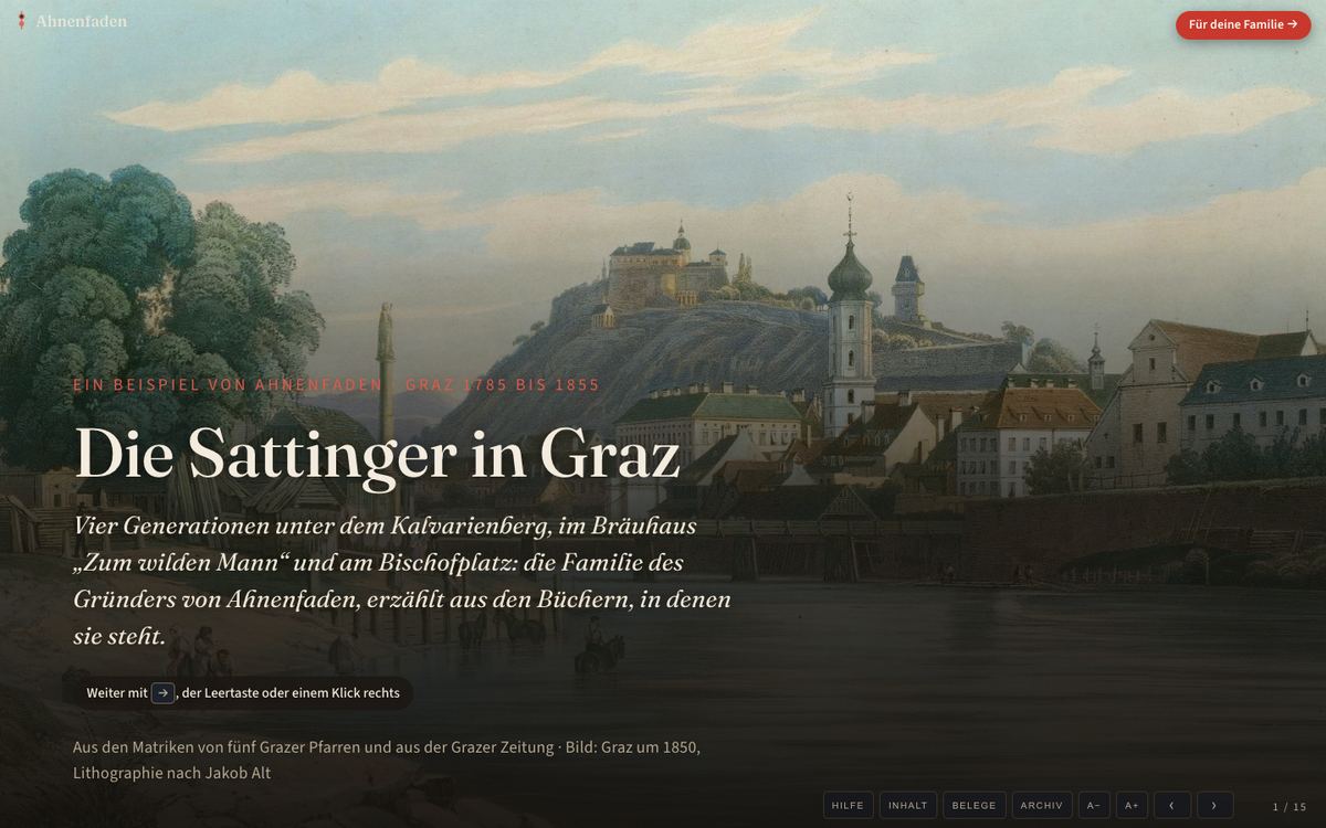 Title slide of the example presentation, The Sattingers in Graz, over a view of Graz around 1850